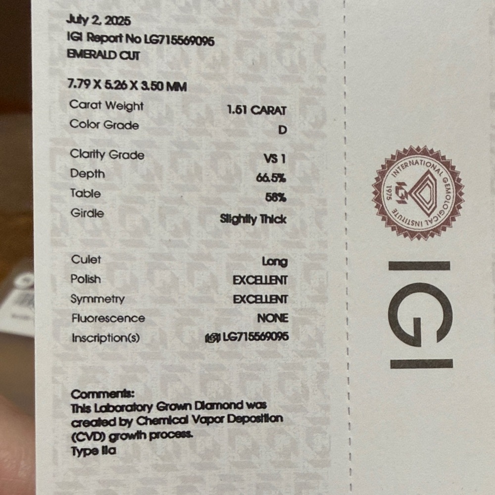 NWT 1.51 Carat Emerald Cut Lab Grown Diamond w/Paperwork - Picture 7 of 14